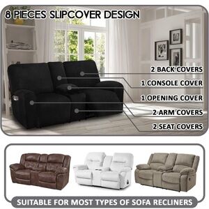 Reclining Love Seat with Middle Console Slipcover, 8-Piece Washable Black Velvet